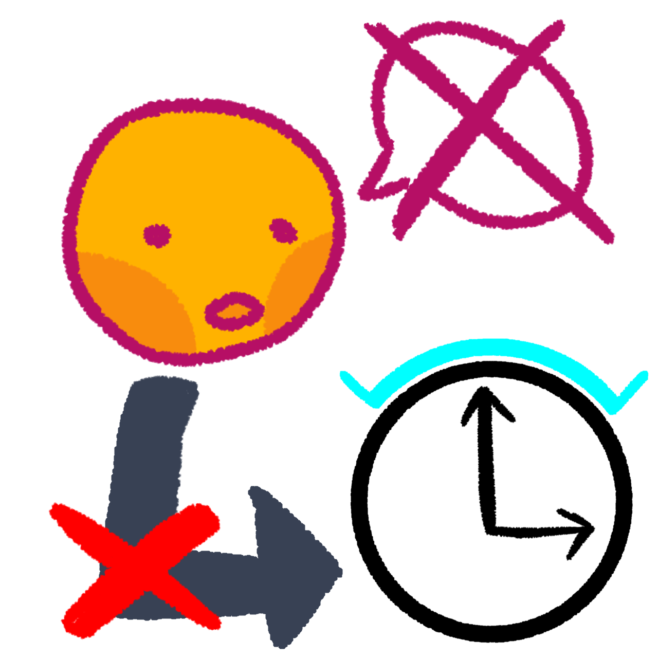 gray arrow with a red X on top pointing to a white clock with a cyan curved line on top and around a third of the clock. The ends of the line have perpendicular lines, like walls. The arrow is coming from a yellow person whose speech bubble is crossed off.